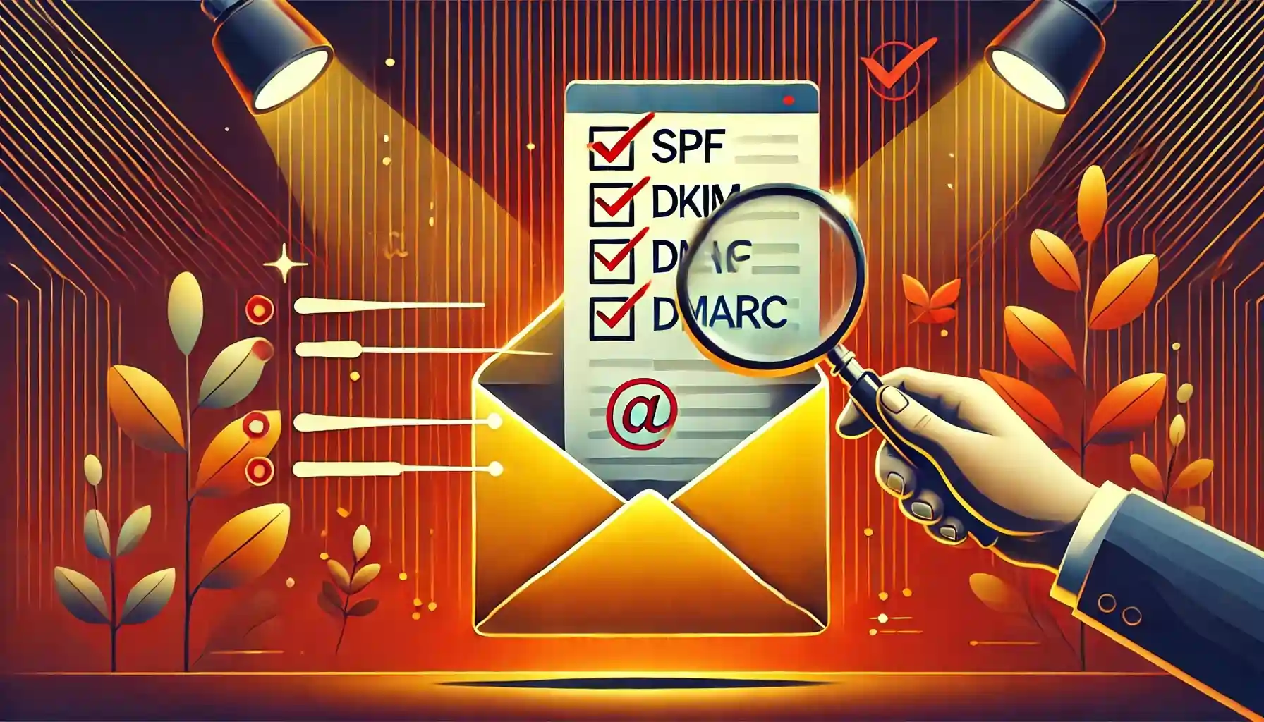 An envelope with a paper featuring checked boxes labeled SPF, DKIM, and DMARC, under a magnifying glass. The background is illuminated with spotlight effects, an email symbol, and decorative leaves.