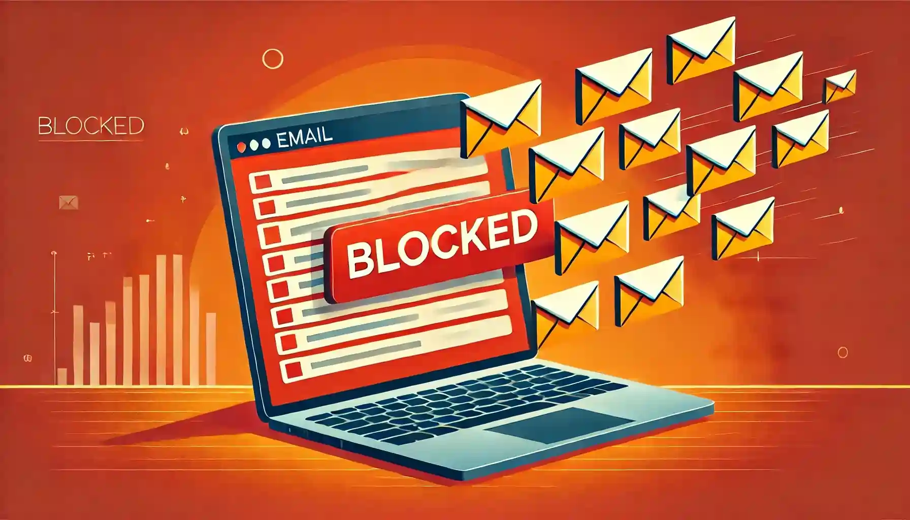A laptop displays an email inbox with a large BLOCKED sign over it. Numerous email envelope icons, symbolizing messages, are shown approaching the screen. The background is orange, conveying a sense of urgency or alert.