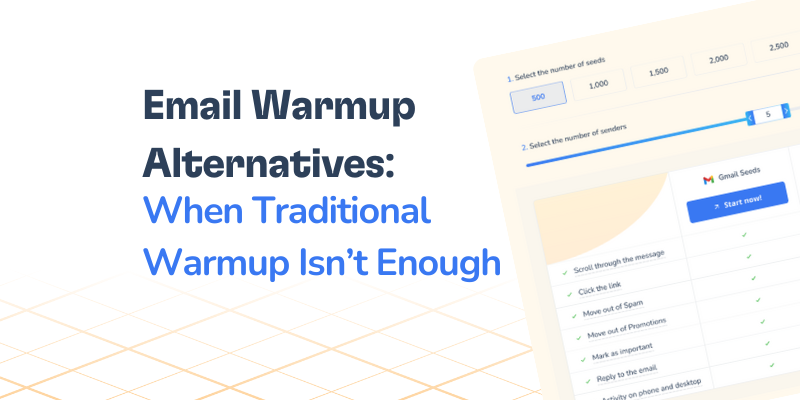 Image of an interface for email warmup alternatives. Text on the left reads, Email Warmup Alternatives: When Traditional Warmup Isn’t Enough. The right side shows a digital dashboard with email metrics and various options in a light interface.