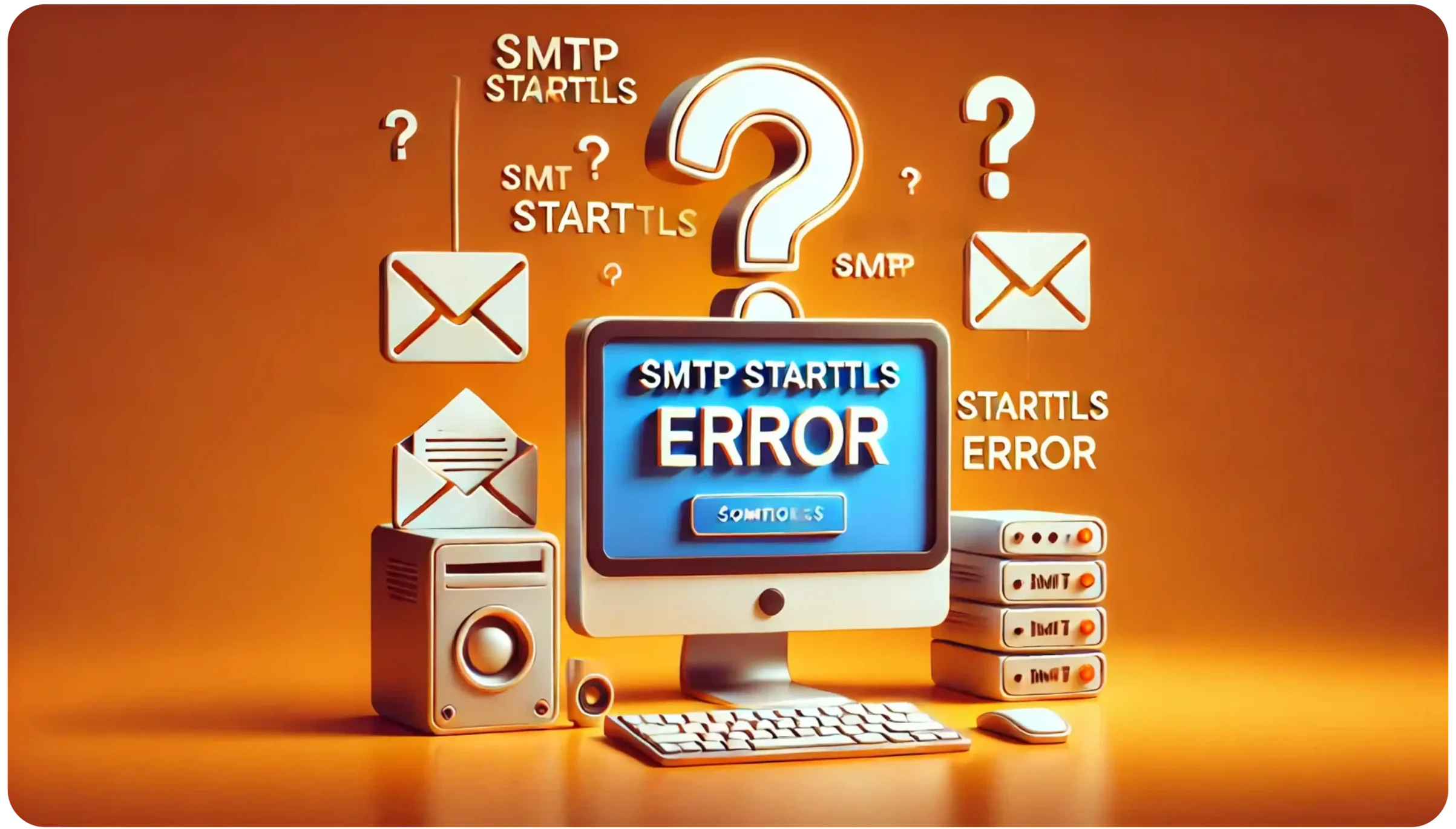 A computer screen displays SMTP STARTTLS ERROR surrounded by question marks, envelopes, and email icons. A speaker, mouse, and external storage are nearby. The background is bright orange, emphasizing the confusion.