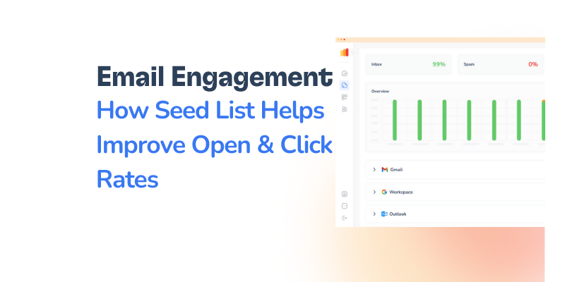 Digital illustration showing a partial screenshot of an email analytics dashboard on the right, with graphs displaying open rates. The text on the left reads, Email Engagement: How Seed List Helps Improve Open & Click Rates.