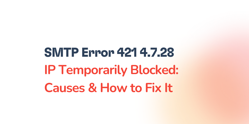 Text reads SMTP Error 421 4.7.28 IP Temporarily Blocked: Causes & How to Fix It on a white background with a blurred red gradient on the right side.