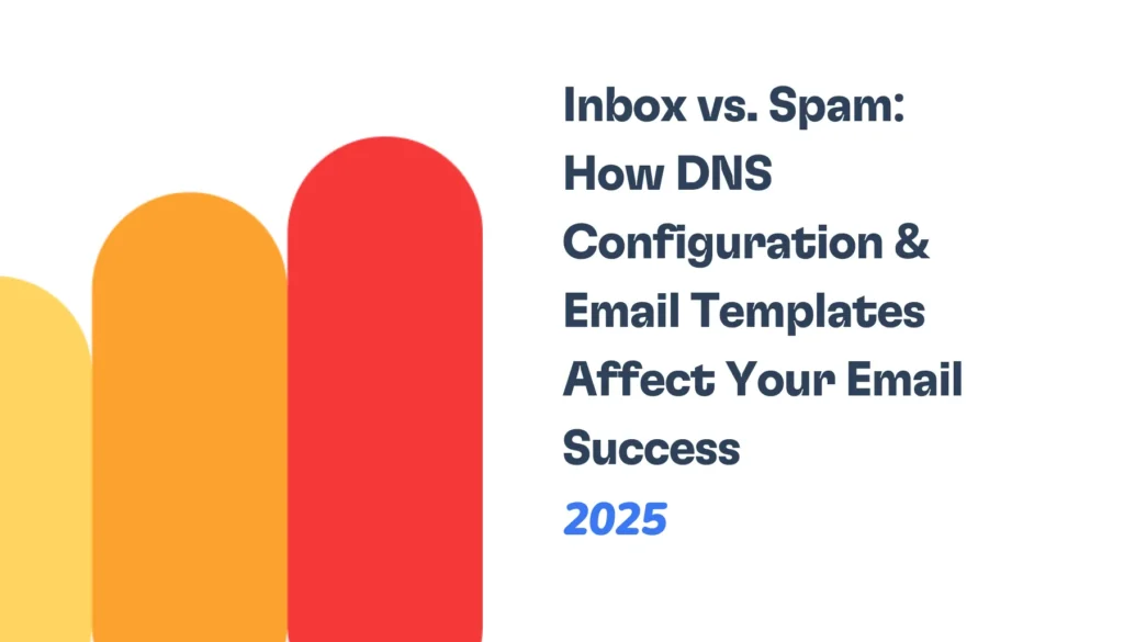 Abstract shapes in orange and red on the left. On the right, text reads: Inbox vs. Spam: How DNS Configuration & Email Templates Affect Your Email Success 2025 in black, with 2025 in blue.